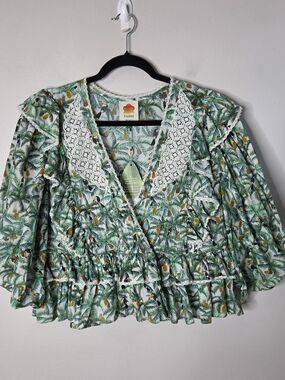 FARM Rio Mini Toucans Green Palm Print Ruffle Blouse with Lace Trim